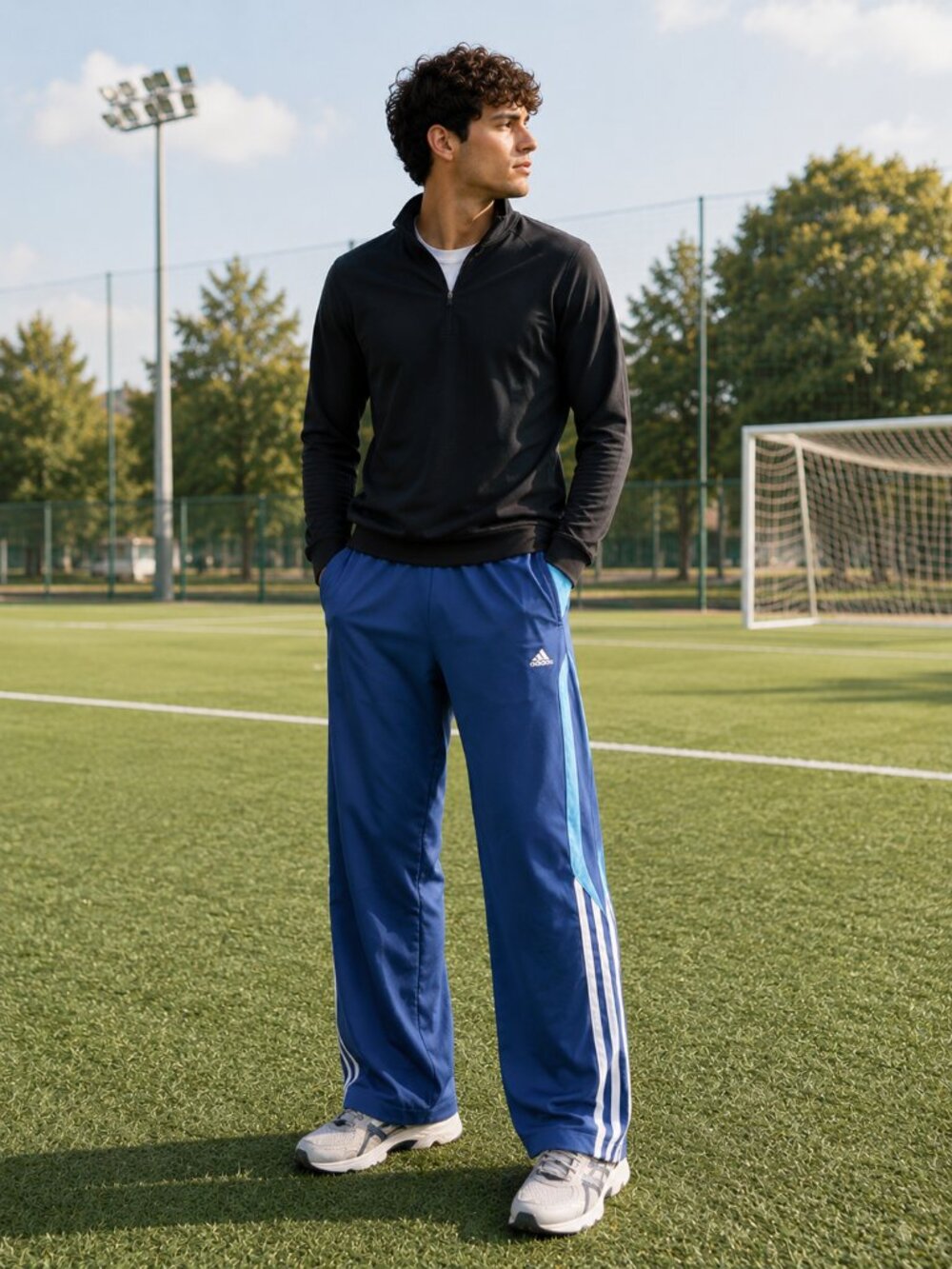 Y2K Adidas Soccer Track Pants Mens M Navy Blue Wide Leg 3 Stripe Athletic